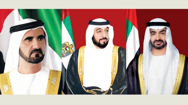 خليفة ومحمد بن راشد ومحمد بن زايد يهنئون القادة بالعيد
